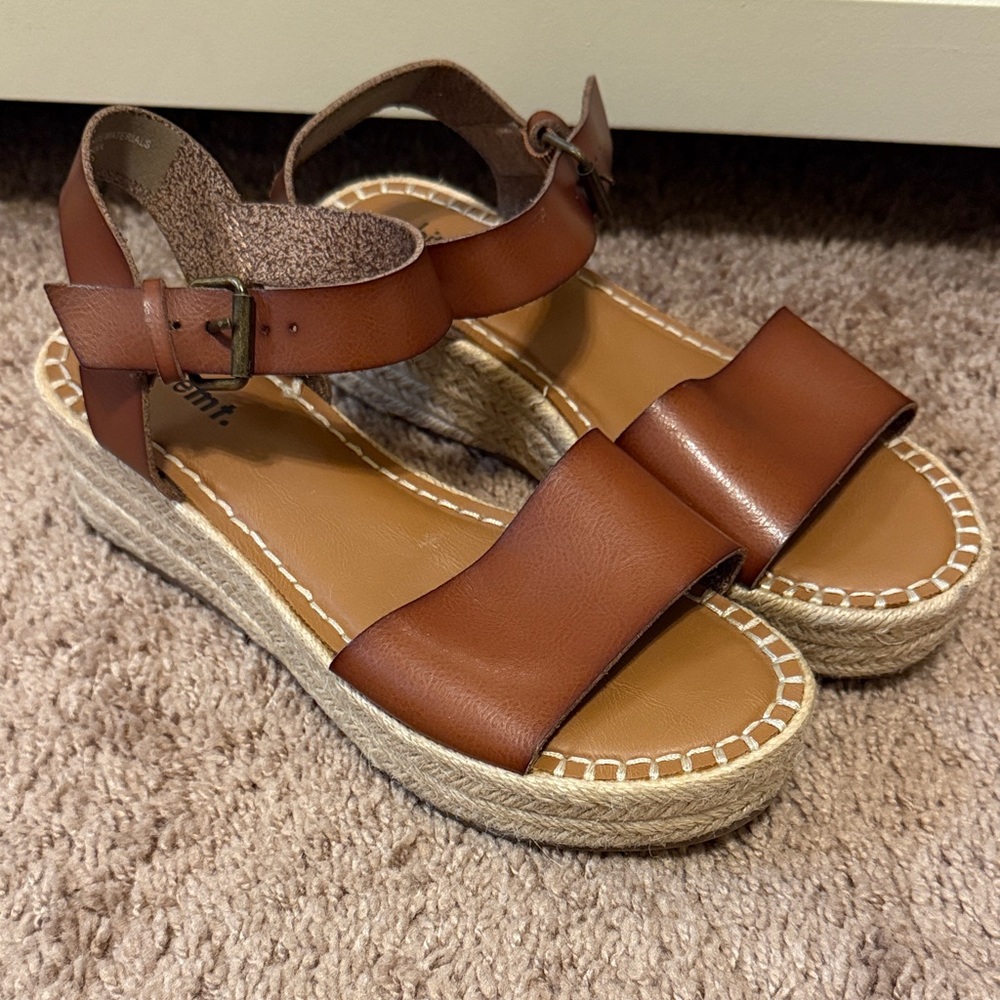 White Mountain Plink Tan Leather Espadrille Wedge platform Sandals 8